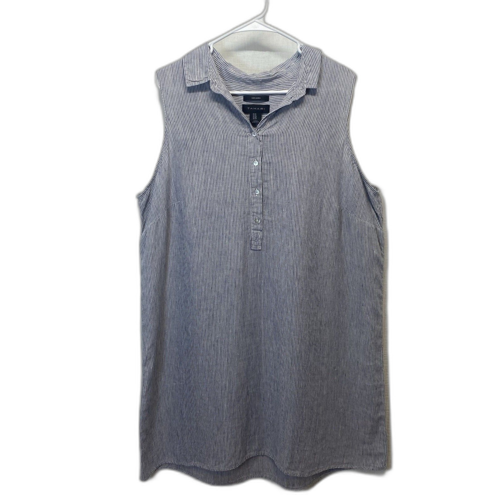 Tahari Linen Dress Women Size 1X Blue White Stripe Sleeveless Casual Minimalist